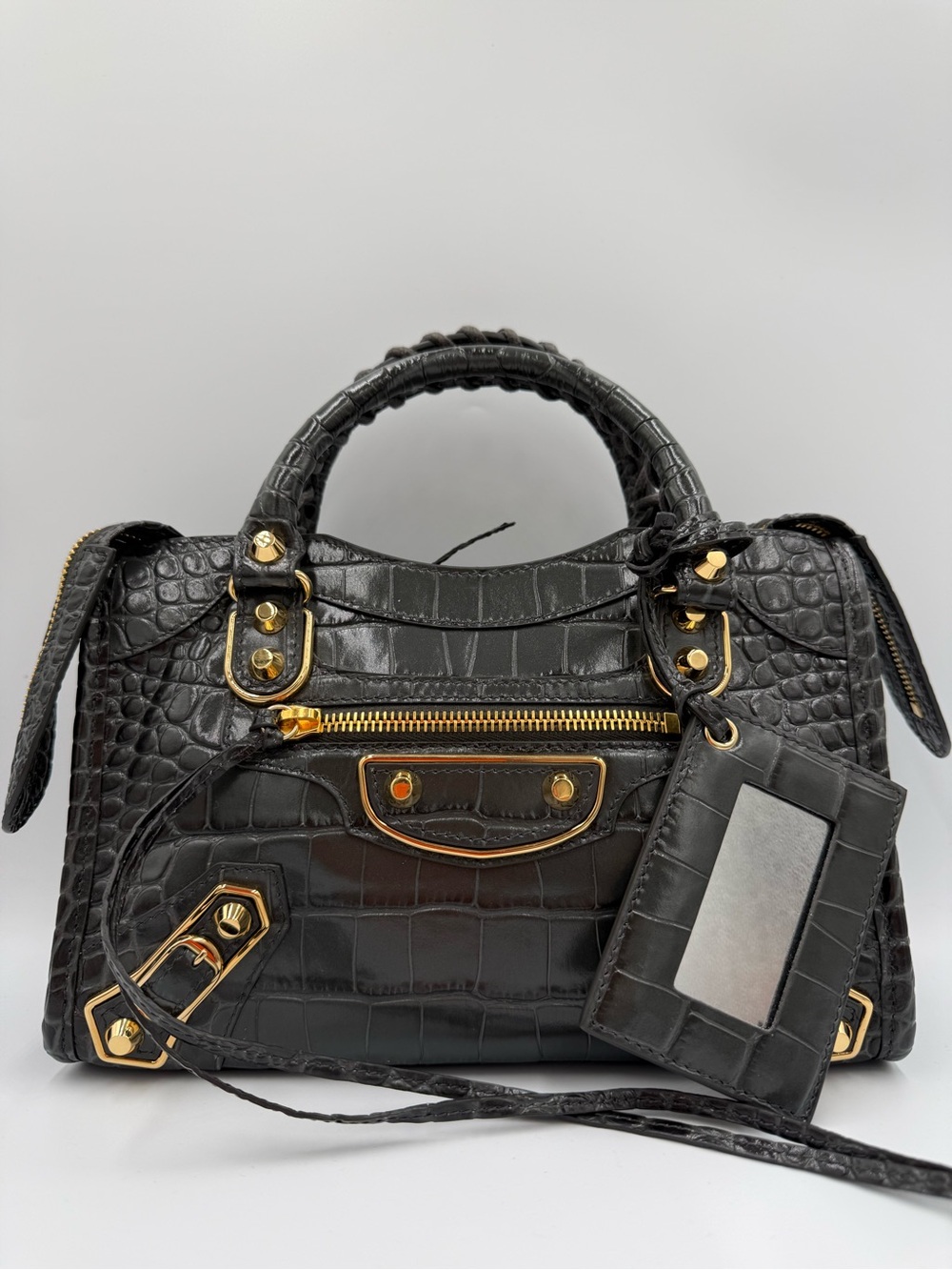 Balenciaga Black Croc-Embossed Le City with Gold Hardware and Detachable Strap